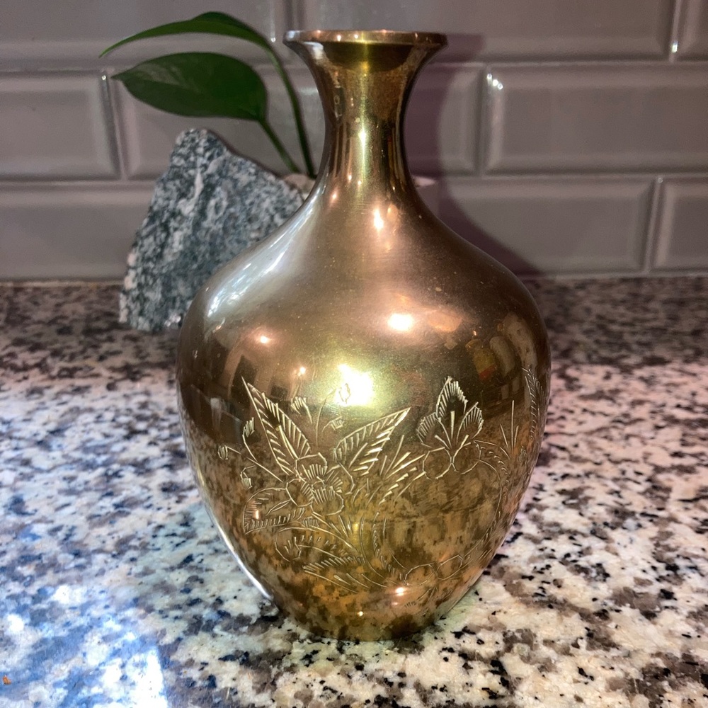 Solid Brass 6 inch vase RIH made in India with floral design